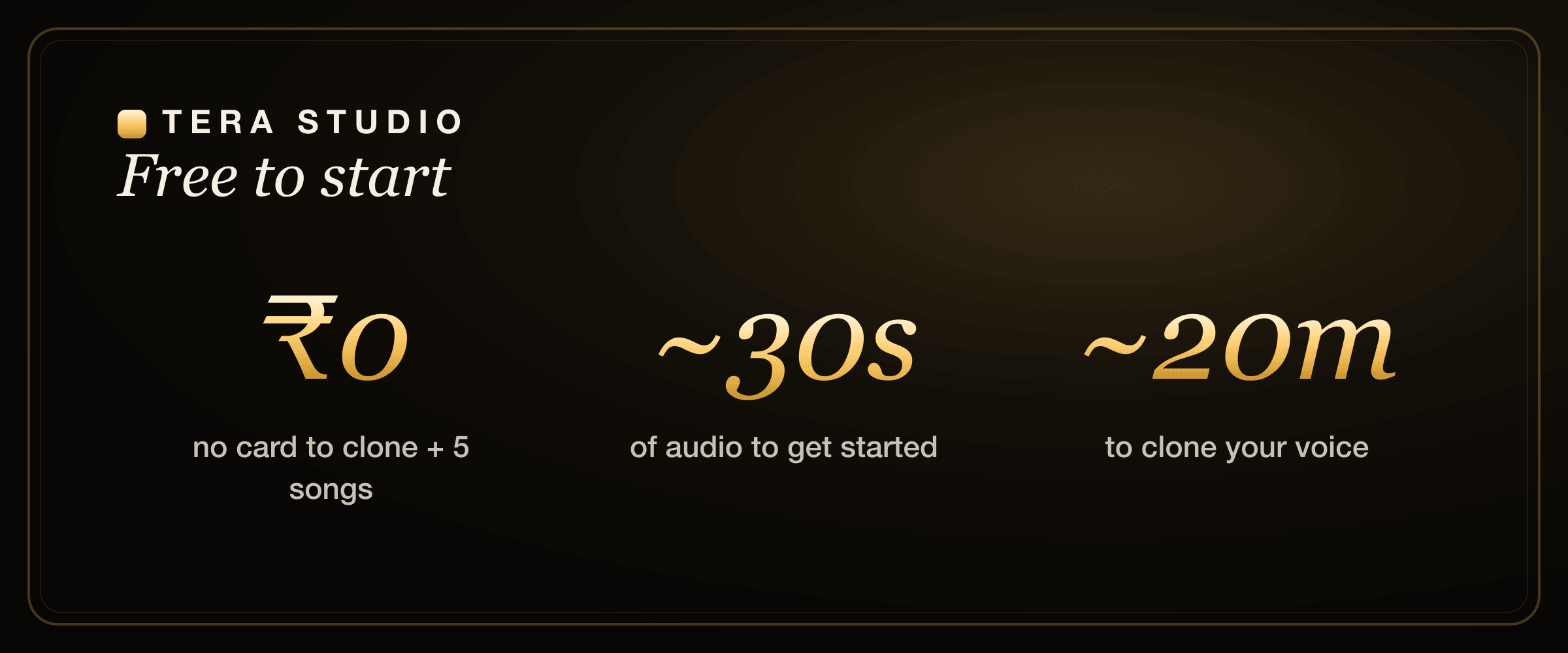 Tera Studio free voice cloning stats: 30 seconds to clone, 20 minutes to train, 12 Indian languages, 5 free songs