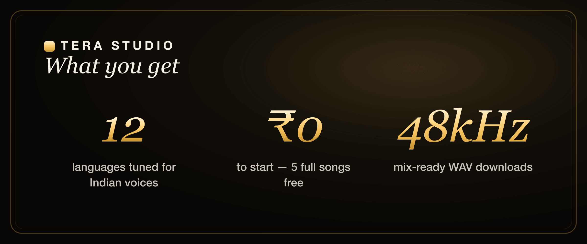 AI cover song workflow stats: 30-second voice clone, 12 Indian languages, 5 free songs, 48 kHz WAV export on Tera Studio