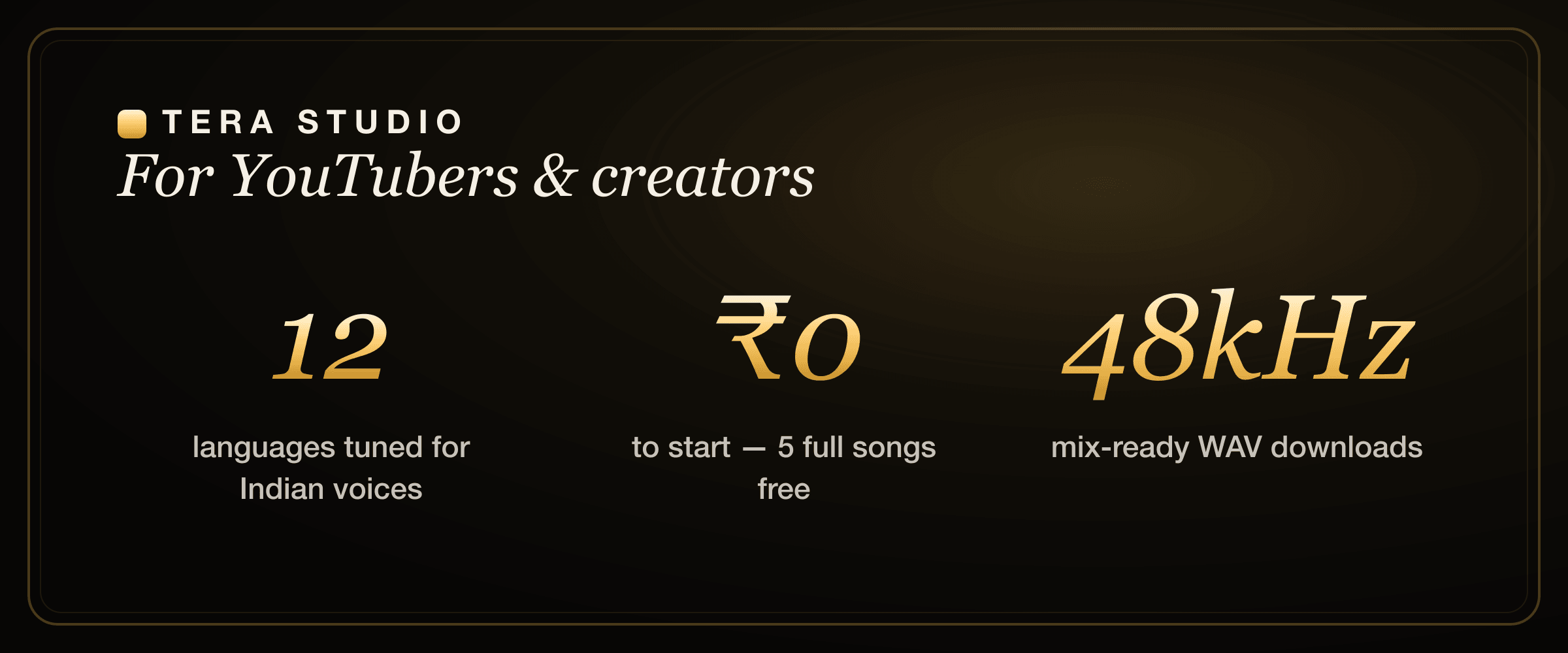 Voice cloning stats for YouTubers: 12 Indian languages, free tier with 5 songs, 30-second clone, ₹499 entry on Tera Studio
